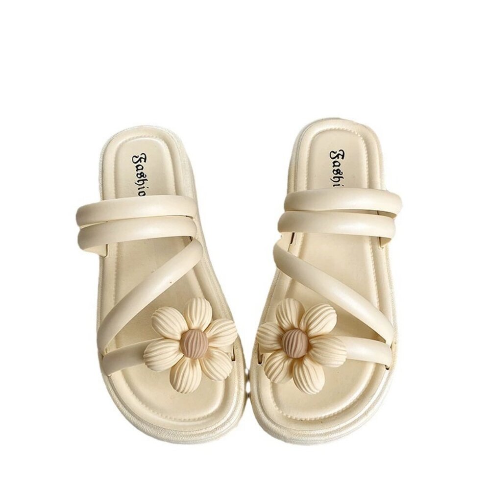 Women's Trendy Flower Strappy Slides - Cute 3D Daisy Summer Flat Sandals